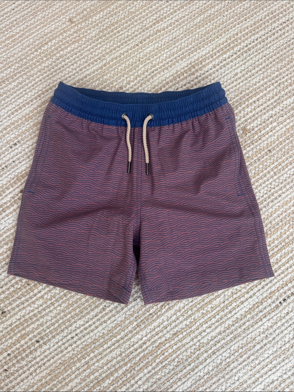 Youth Fair Harbor Navy and Maroon Wave-Print Swim Trunk